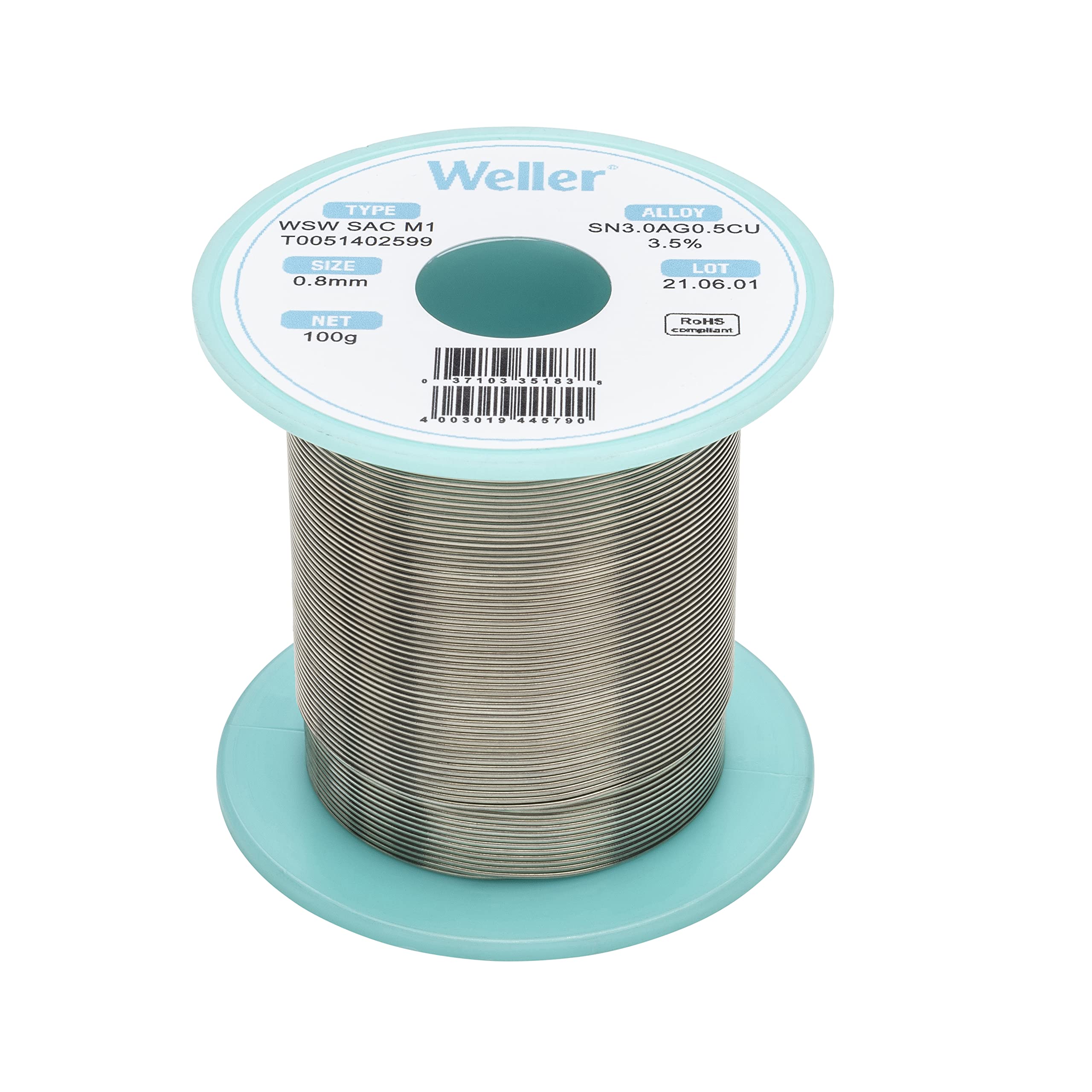 Weller WSW SAC M1 (T0051402599) Lead Free Solder Wire, Ø 0.8mm, Alloy Sn96.5Ag3.0Cu0.5, Flux Content 3.5%, 100g, Silver