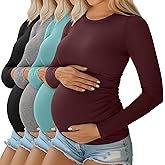 Ficerd 4 Pack Women's Maternity Shirts Cotton Long Sleeve Ribbed Crew Neck Pregnancy Tops Side Ruched Casual Mama Clothes