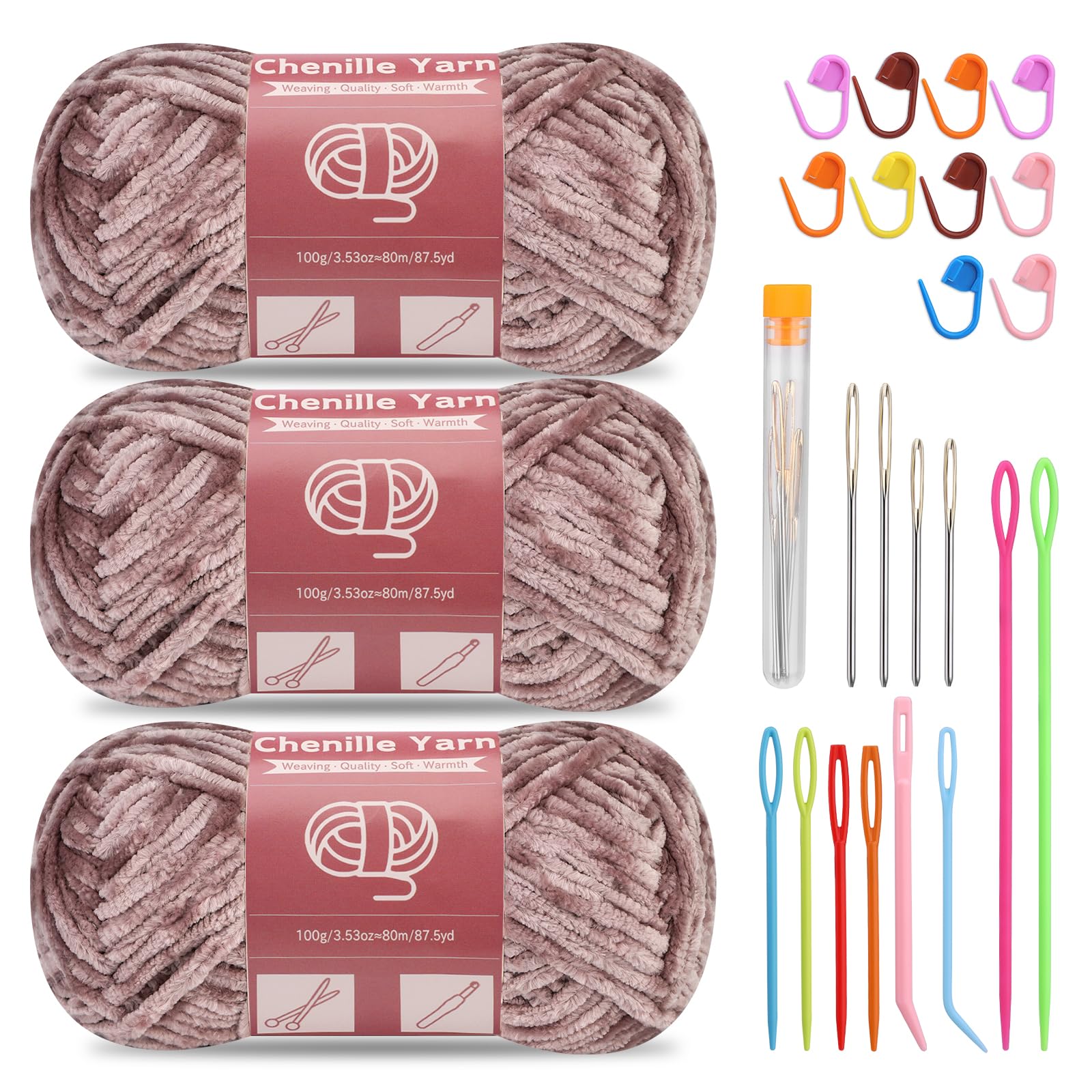 SUVSOON 3 * 100g Chenille Yarn, Chenille Velvet Yarn for Crocheting and Knitting with Needles Stitch Marker Handcrafts Weaving Soft Chenille Yarns for Blankets, Clothes, Pattern Knitting (Gray) — image 1