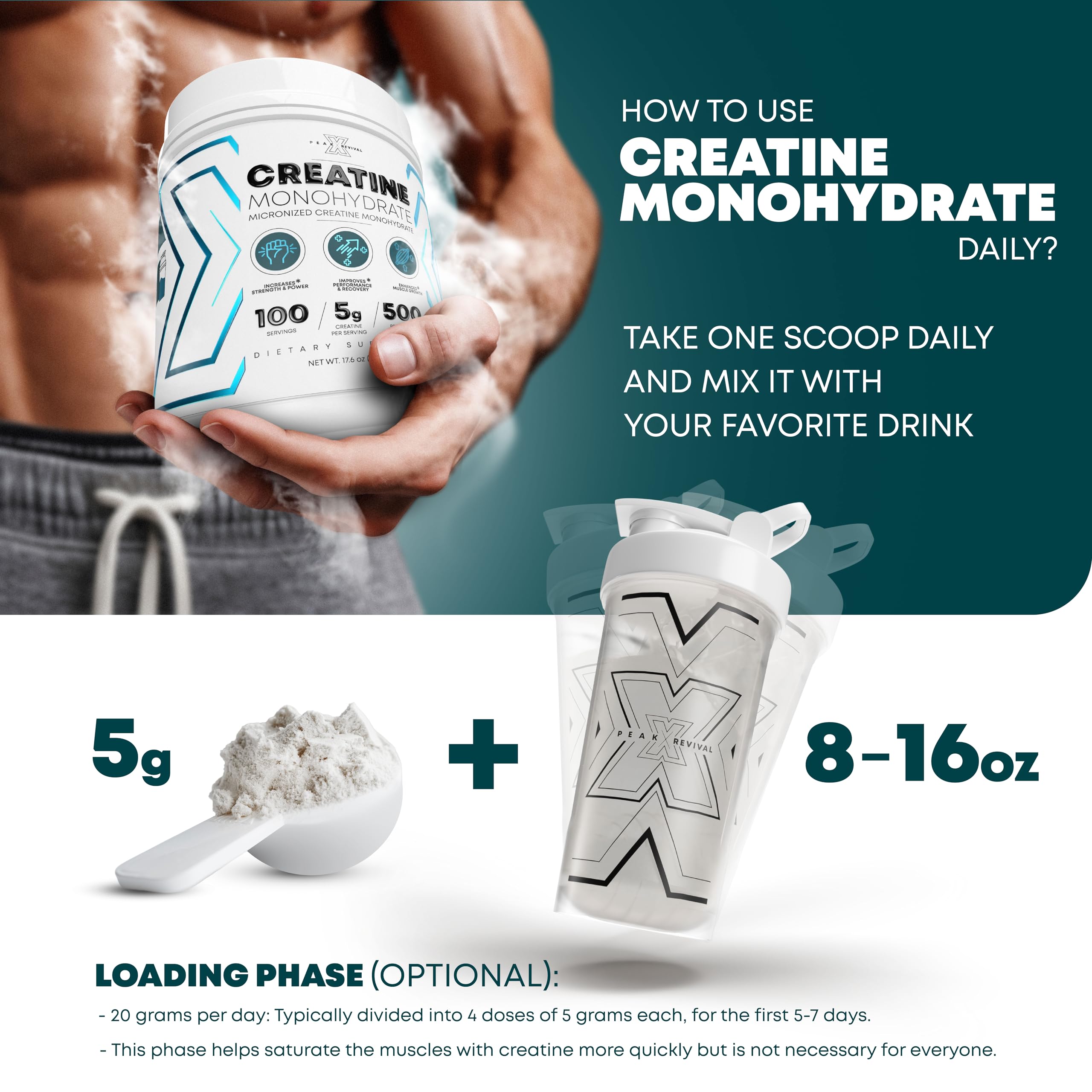 Performance Micronized Creatine Monohydrate Powder Supplement, 5000mg (5g), 100 Servings, Unflavored, Gluten Free, Non-GMO, Vegan