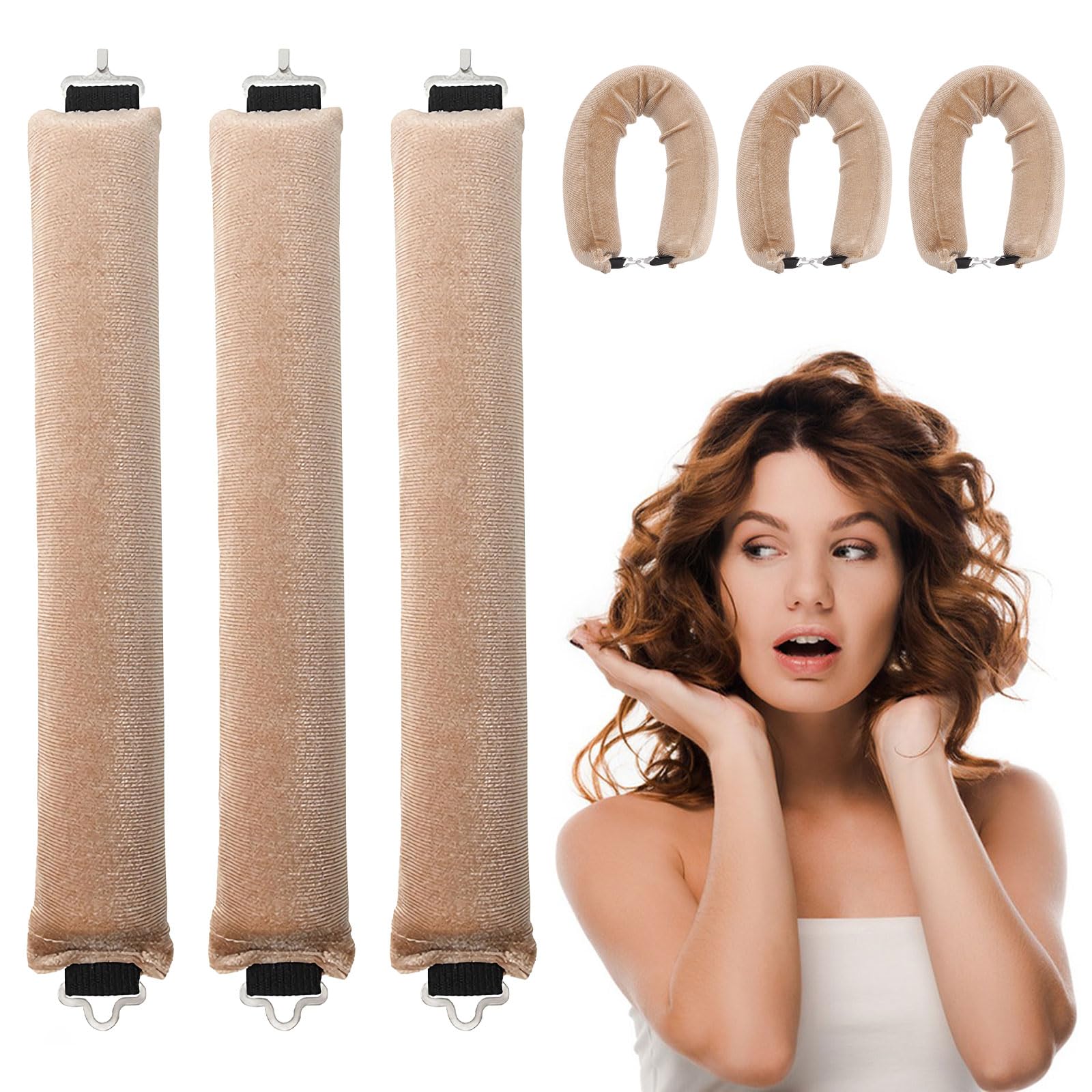 WALLFID 3Pcs Heatless Curlers,Hair Rollers for Long Hair,Hair tools for wavy hair curler styling,Overnight Heatless Hair Curlers,DIY Hair Styling Appliances (Champagne)