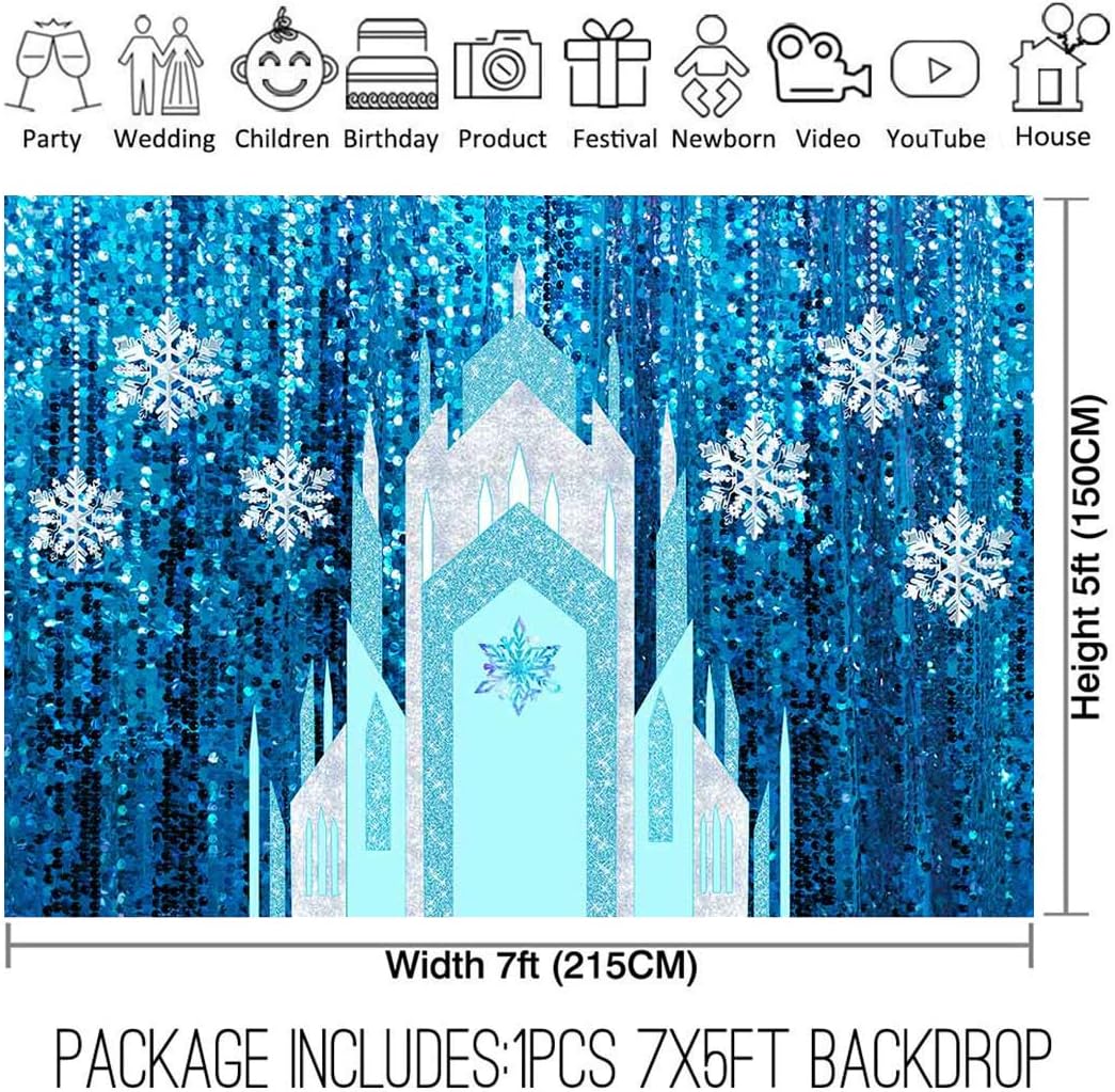Allenjoy 7x5ft Ice Castle Backdrop Winter Snowflake Blue Sequin Curtain (No Glitter) Photography Background Girl Birthday Baby Shower Party Supplies Decoration Cake Table Banner Photo Booth Prop : Camera & Photo