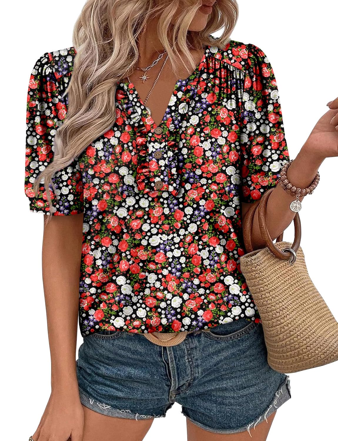 KISSMODA Women's Tunic Tops Casual V Neck Short