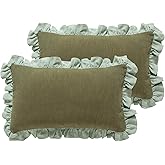 patdrea Shabby Chic Green Decorative Throw Pillow Covers 12x20 Set of 2,Farmhouse Linen Pillow Covers with Ruffles,Rectangle Sturdy Throw Pillow Case for Couch Sofa Bed Living Room