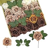 Lansdowns Artificial Flower Foam Rose Silk Rose 25pcs Real Looking Fake Rose with Stems Leaves for Home Decoration Party Garden Centerpieces DIY Wedding Bouquets（Shades of Caramel Tones）