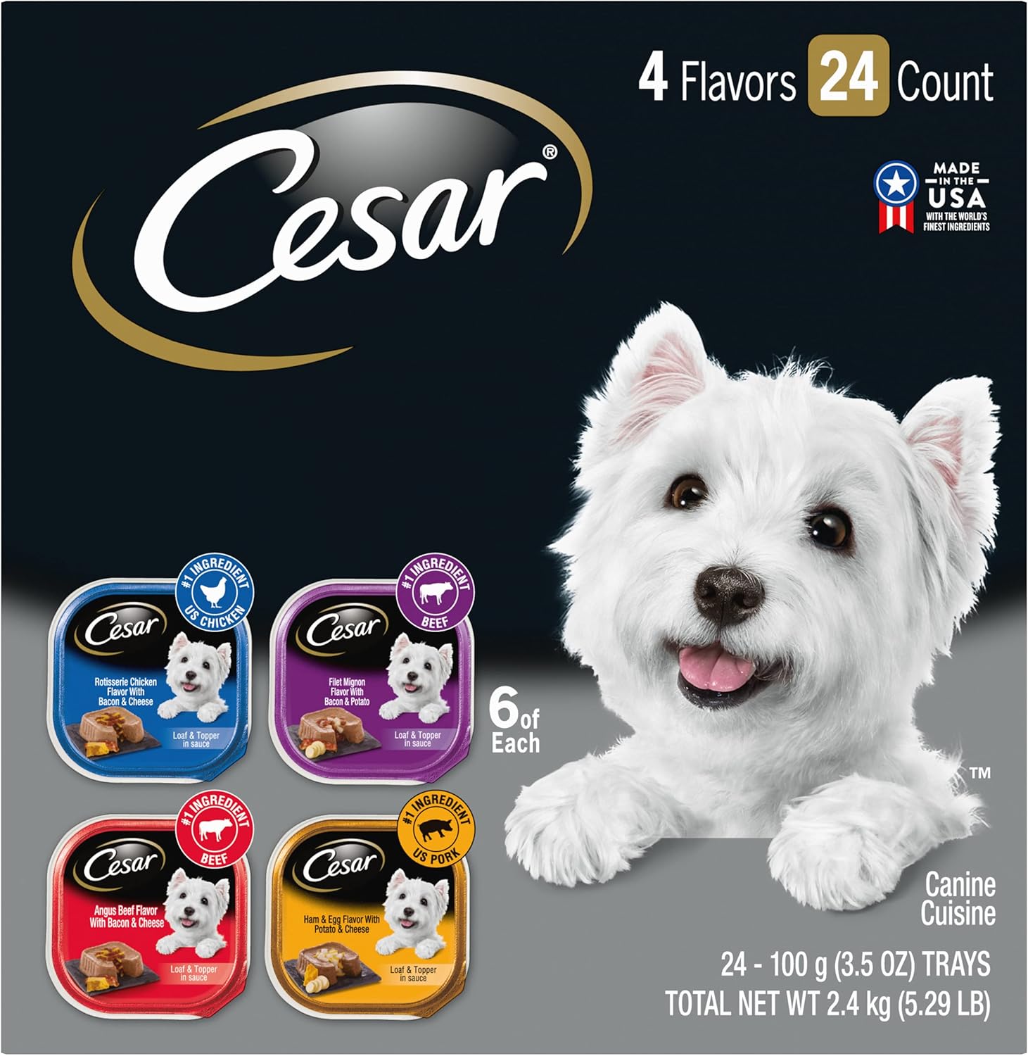 CESAR Soft Wet Dog Food Loaf in Sauce Rotisserie Chicken, Filet Mignon, Angus Beef, and Ham & Egg Flavors Variety Pack, (24) 3.5 oz. Easy Peel Trays: Pet Supplies: 