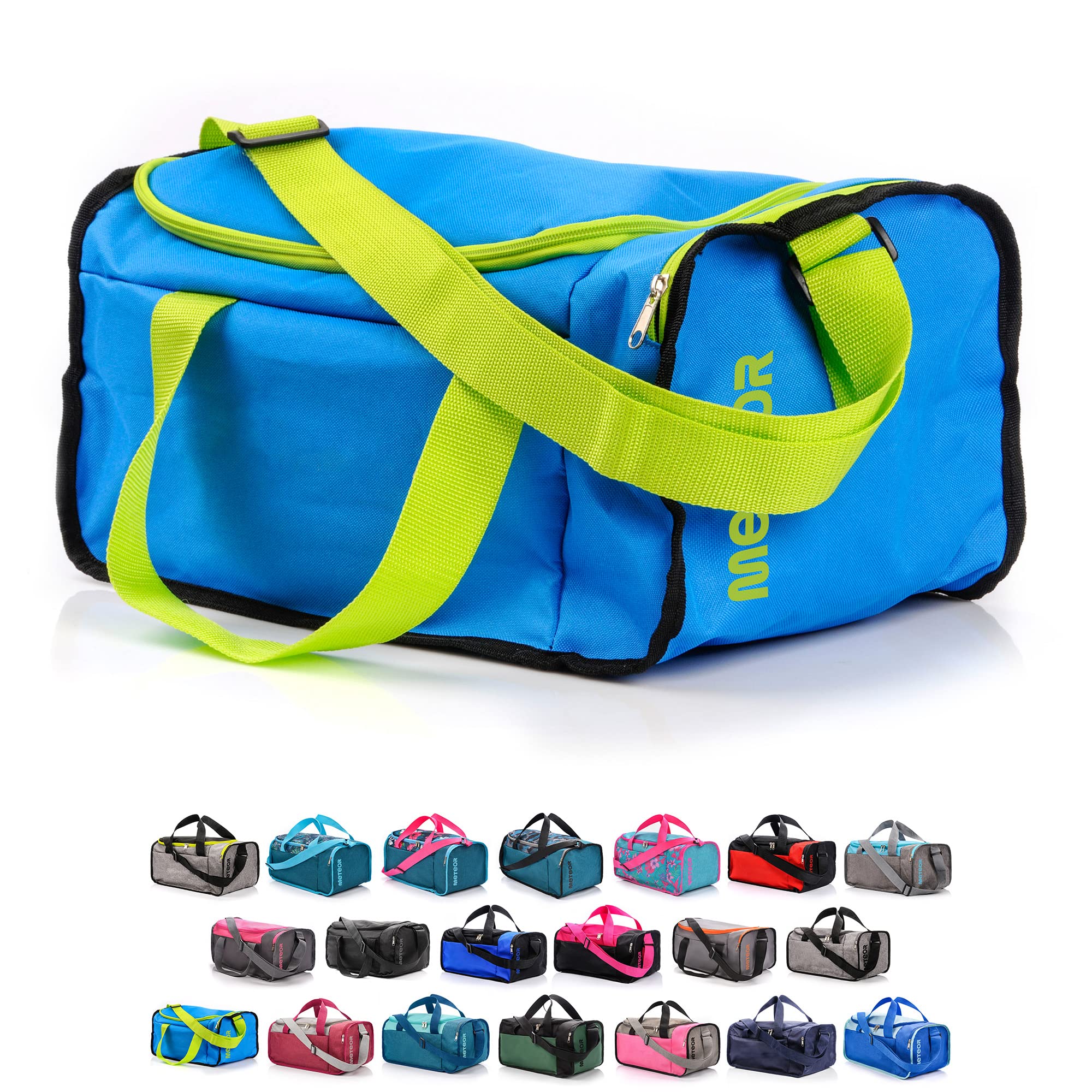 meteor Gym Bag Womens & Mens 20l - Lightweight Sports Holdall with Shoe Compartment & Shoulder Strap - Unisex Travel Duffel - Underseat Cabin Luggage for Weekend or Overnight Trip, Blue/Green 2