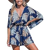 CUPSHE Women's Boho Floral Romper Short Sleeve V Neck Tie Waist Summer Beach Jumpsuit Tropical Resort Vacation Outfits