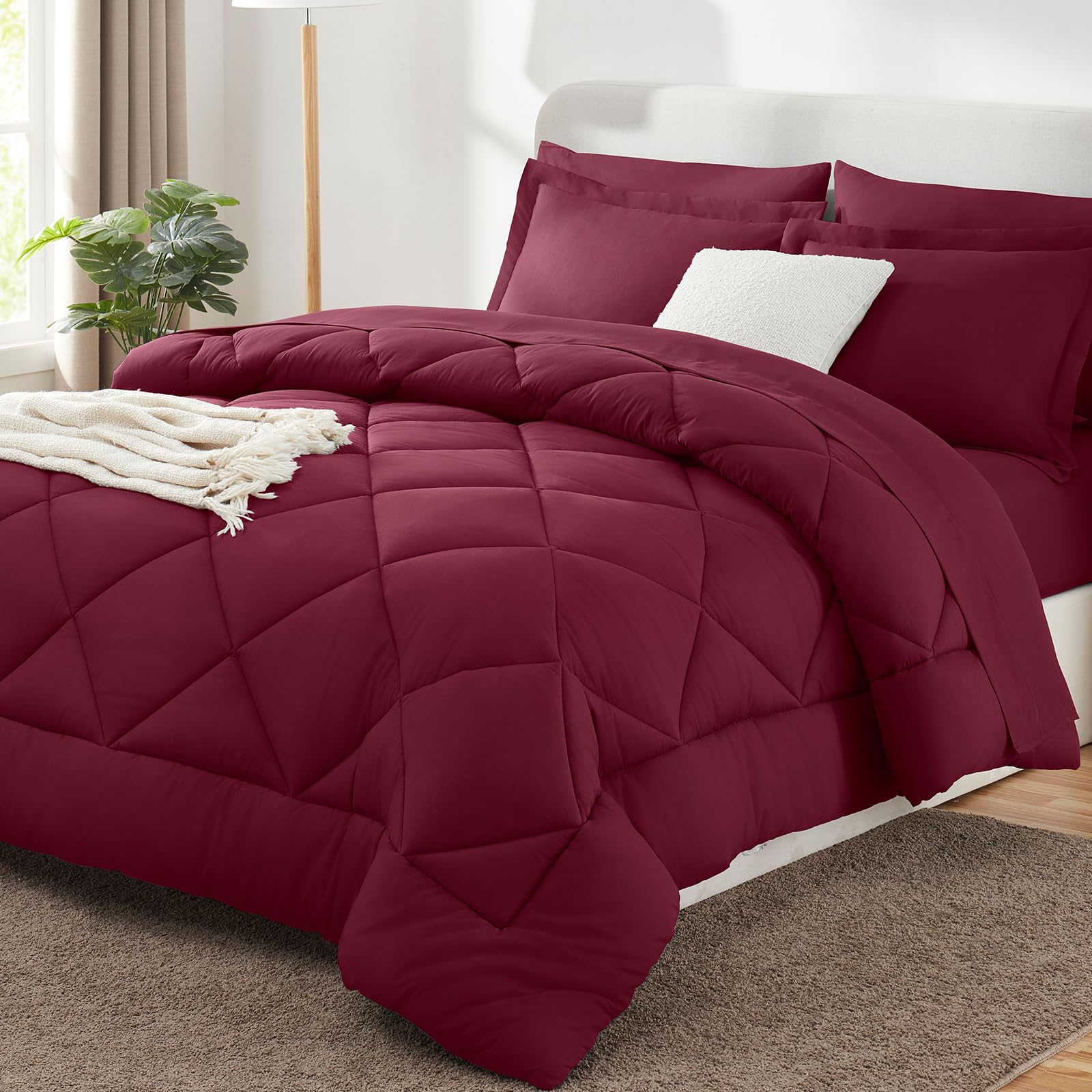 Photo 1 of CozyLux Queen Comforter Set with Sheets 7 Pieces Bed in a Bag Burgundy All Season Bedding Sets with Comforter, Pillow Shams, Flat Sheet, Fitted Sheet and Pillowcases, Red, Queen