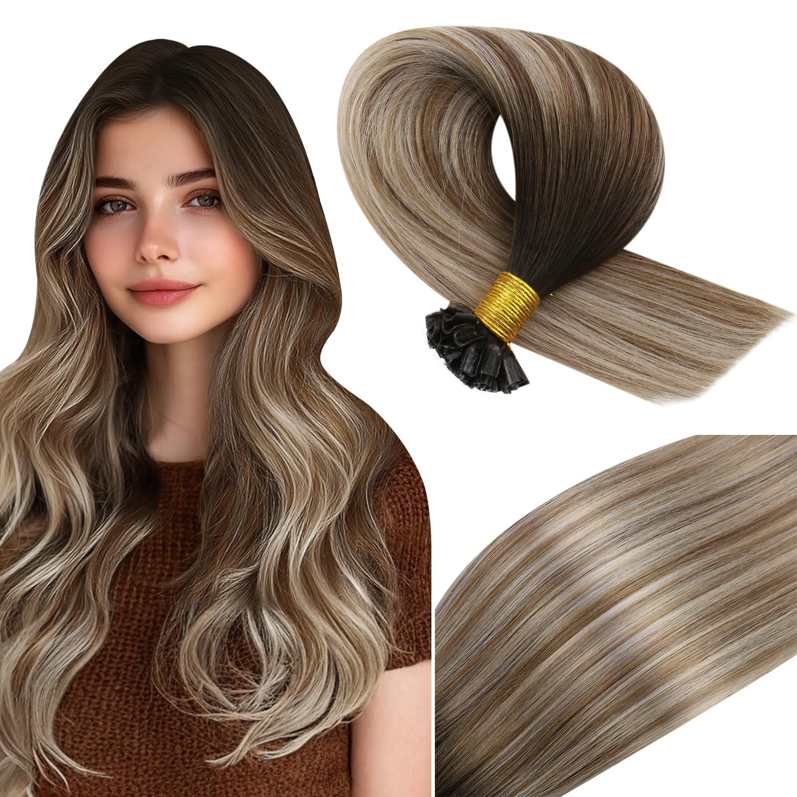 Vivien Balayage U tip Hair Extensions Real Human Hair Dark Brown Ombre Light Brown with Medium Blonde U Tip Hair Extensions Hot Fusion Nail Tip Human Hair Extensions 22 Inch 50g/50s #3/8/24 — image 1