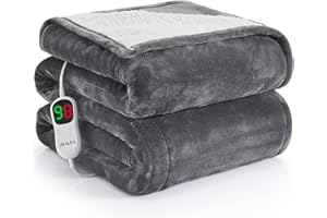 JKMAX Heated Blanket Electric Throw - 50"x60" Electric Heating Blanket 10 Heat Setting 5 Levels Auto-Off Heated Throw Blanket Overheat Protection Soft Flannel Sherpa Electric Blanket ETL Certified