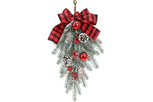 COLMOXY Christmas Swags for Decorating Outdoor, Garland Christmas Swag Teardrop Ornament Pine Cone Red Bow Decorative Props Pendant Wall Hanging for Front Door Indoor Outdoor Wall Hanging Wreaths Decor