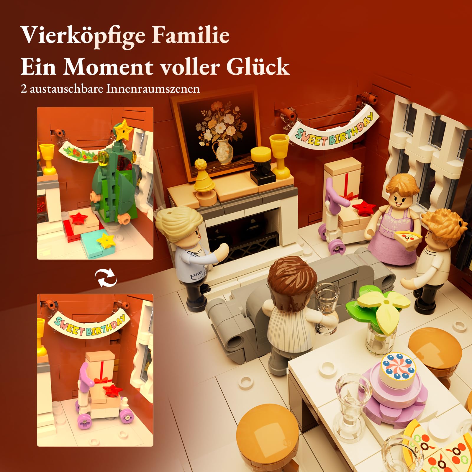 Lumibricks Rote Backstein-Reihenhaus Klemmbausteine mit Licht, Modular Building mit Geburtstags- und Weihnachtsszenen, 2663PCS-Geschenk für Baustein-Fans 4