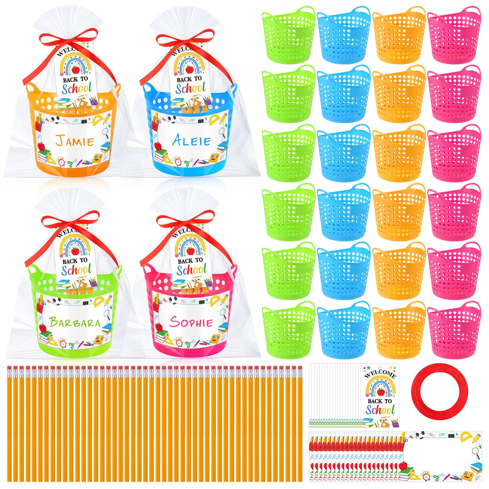 Photo 1 of Pajean 24 Set Pencil Cup Pencil Basket Colorful Pen Holder with Pencils Gift Tags Name Stickers Ribbons Bags Welcome Back to School Student Gifts Office School Classroom Stationery Storage Organizer
