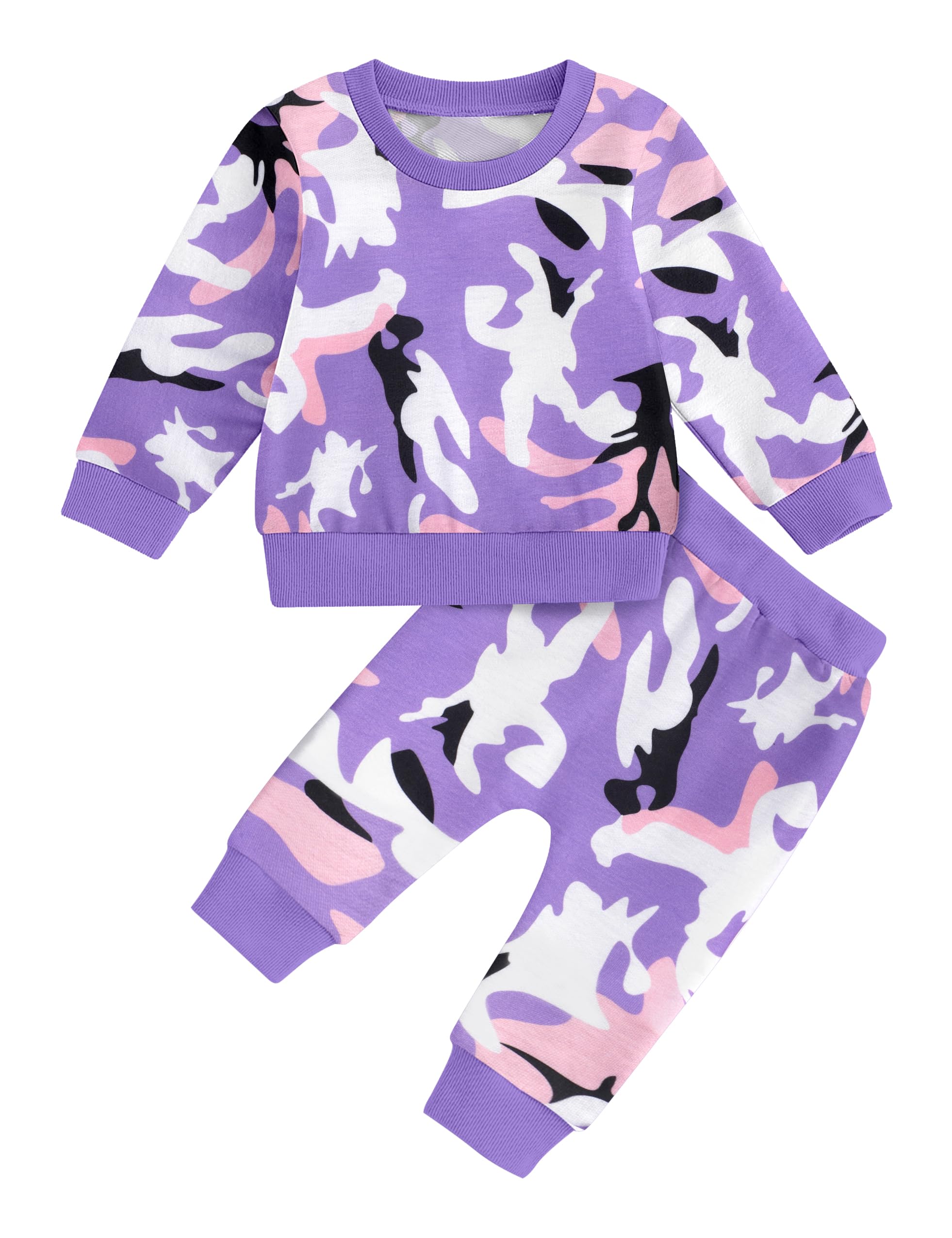 Photo 1 of WIQI Baby Girl Outfits 6-9 Months 9-12 Months Camo Print 2 Piece Outfit Purple Sweatshirt Tops and Pants Fall Winter 6-12 month 