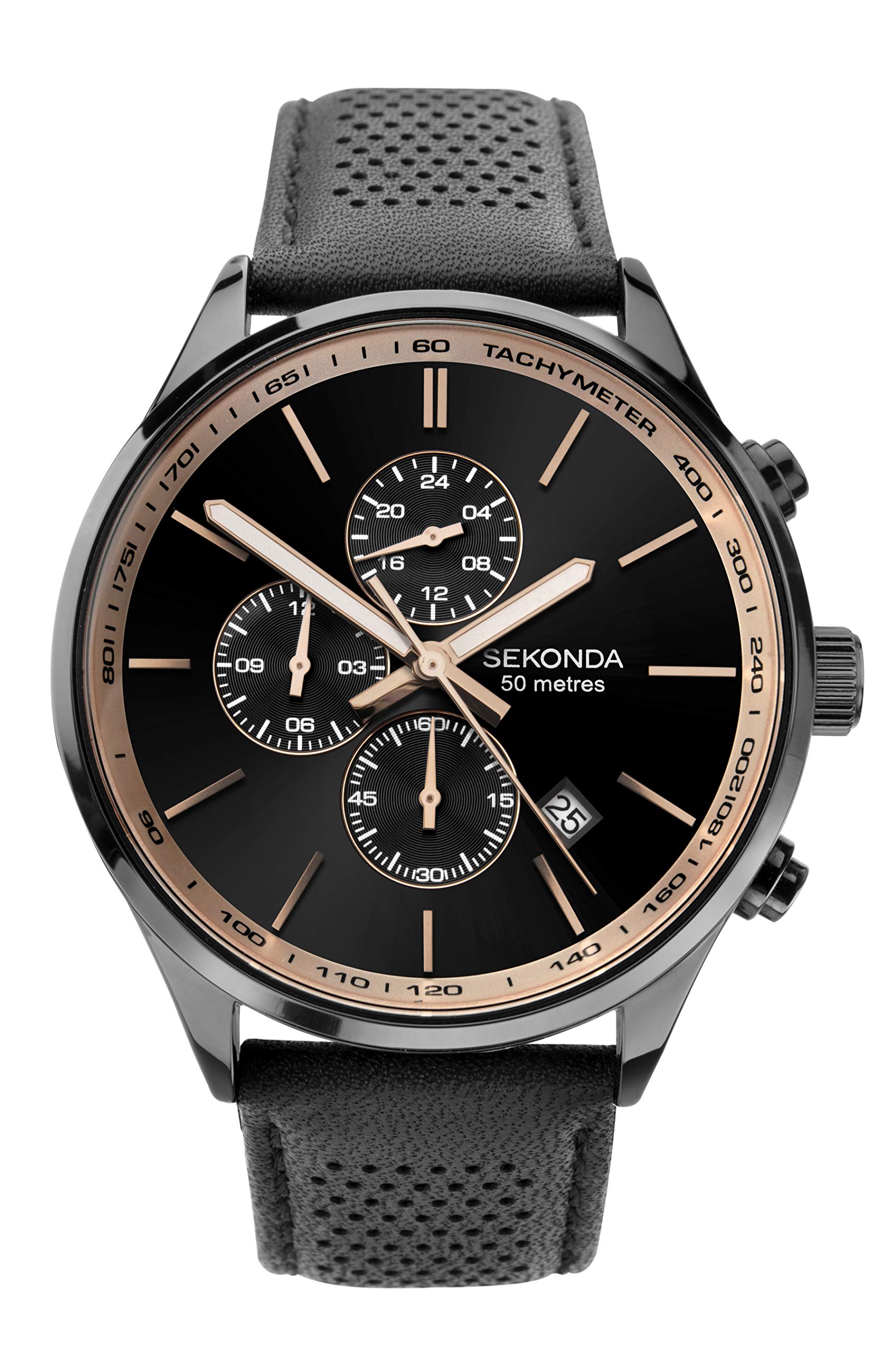 Sekonda Mens Chronograph Black Sunray Dial Leather Strap Watch 1774