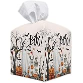 Halloween Boo Tissue Box Cover, 5 Inch Square Leather Tissue Holder, Decorative Tissue Box Organizer for Bathroom Office Desk, Halloween Party Table Fall Home Decor, Ideal Housewarming Gift- A06