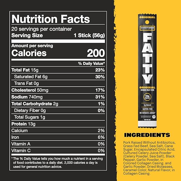 FATTY GRASS-FED BEEF SMOKED MEAT STICKS, ORIGINAL FLAVOR, 13G PROTEIN PER STICK, CAMPING SNACK, 2 OZ. (PACK OF 5)
