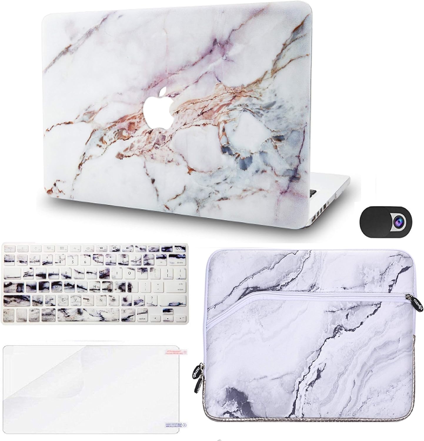 KECC Laptop Case for MacBook Air 13" Retina (2020, Touch ID) w/Keyboard Cover + Sleeve + Screen Protector + Webcam Cover (5 in 1 Bundle) Plastic Hard Shell Case A2179 (White Marble 4)