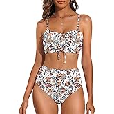 Herseas Women's Floral Print Bikini Sets Lace Up Front 2 Piece High Wasited Swimsuits Ruched Ruffle Trim Bathing Suit