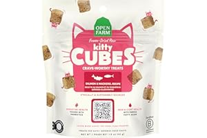 Open Farm, Kitty Cubes, Freeze Dried Raw Cat Treats, Grain-Free, High-Protein Cat Treat with Probiotics, Omega Fatty Acids & Superfoods, Salmon & Mackerel Recipe, 1.5oz Bag