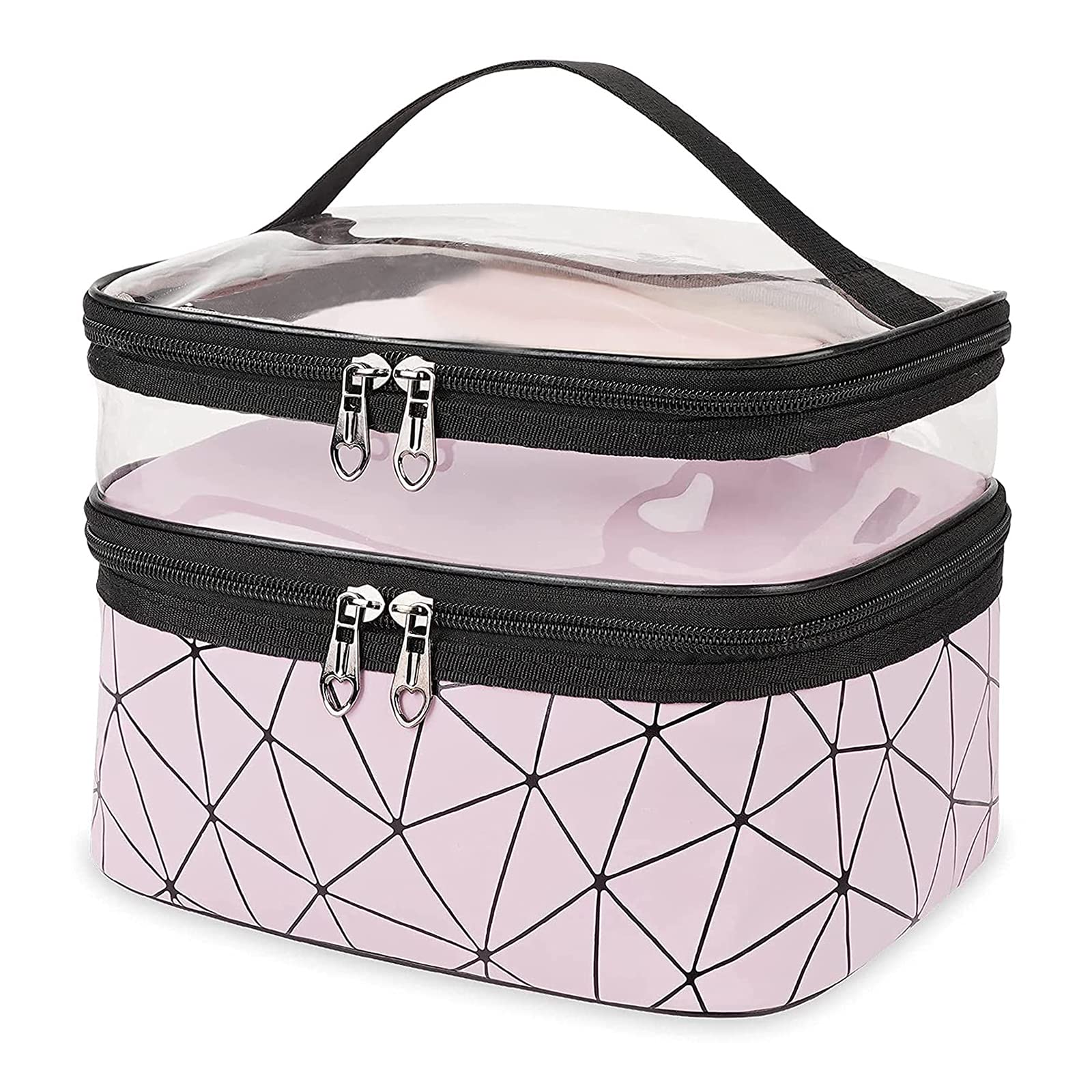 Large Toiletry Bag Pink Travel Cosmetic Bags for Women Waterproof Clear Double Layer Make up Bag Organizer with Compartments