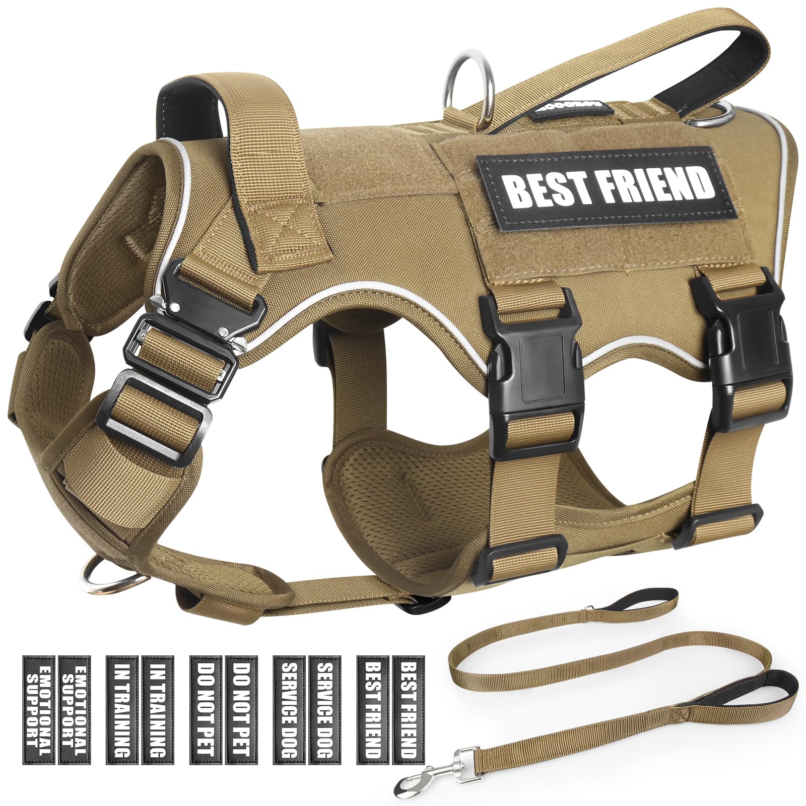 Photo 1 of MOOGROU Service Dog Vest and Leash Set,Heavy Duty Tactical Dog Harness with Metal Buckles for Medium Sized Dogs,Adjustable No-Pull Dog Harness with 10 Patches for Training Working Hiking,Brown M