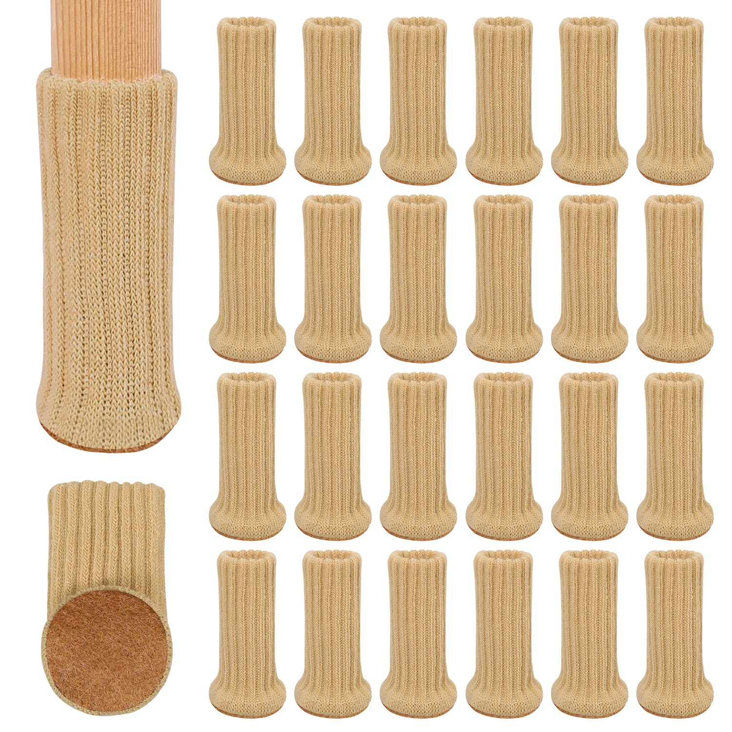 RCHYFEED 24PCS Furniture Leg Sock Knitted, Chair Socks Floor Protector for Dining Chairs, Chair Leg Floor Protectors Avoid Scratches and Reduce Noise Suitable for 1" to 2" Diameter of Chair Feet Khaki
