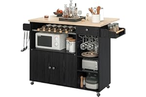 IRONCK Rolling Kitchen Island Cart with Drop-Leaf and Wine Rack, Microwave Rack Serving Cart on Wheels with Drawer & Shelves & Spice Rack & Cup Hanging, Black