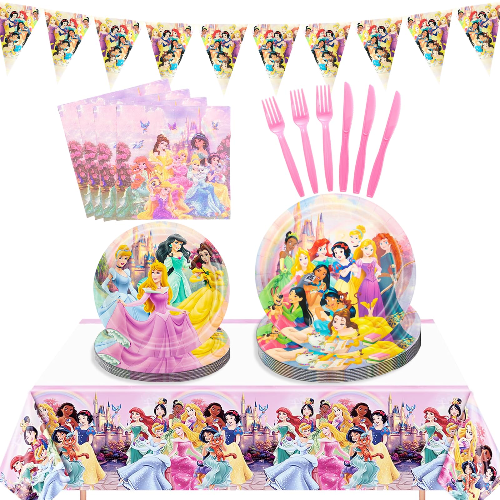 Photo 1 of 111Pcs Princess Birthday Party Decorations,Heavy Duty 400GSM Disposable Paper Plates and Napkins,Princess Themed Tableware Set Supplies for Girls Serves 20 Guests