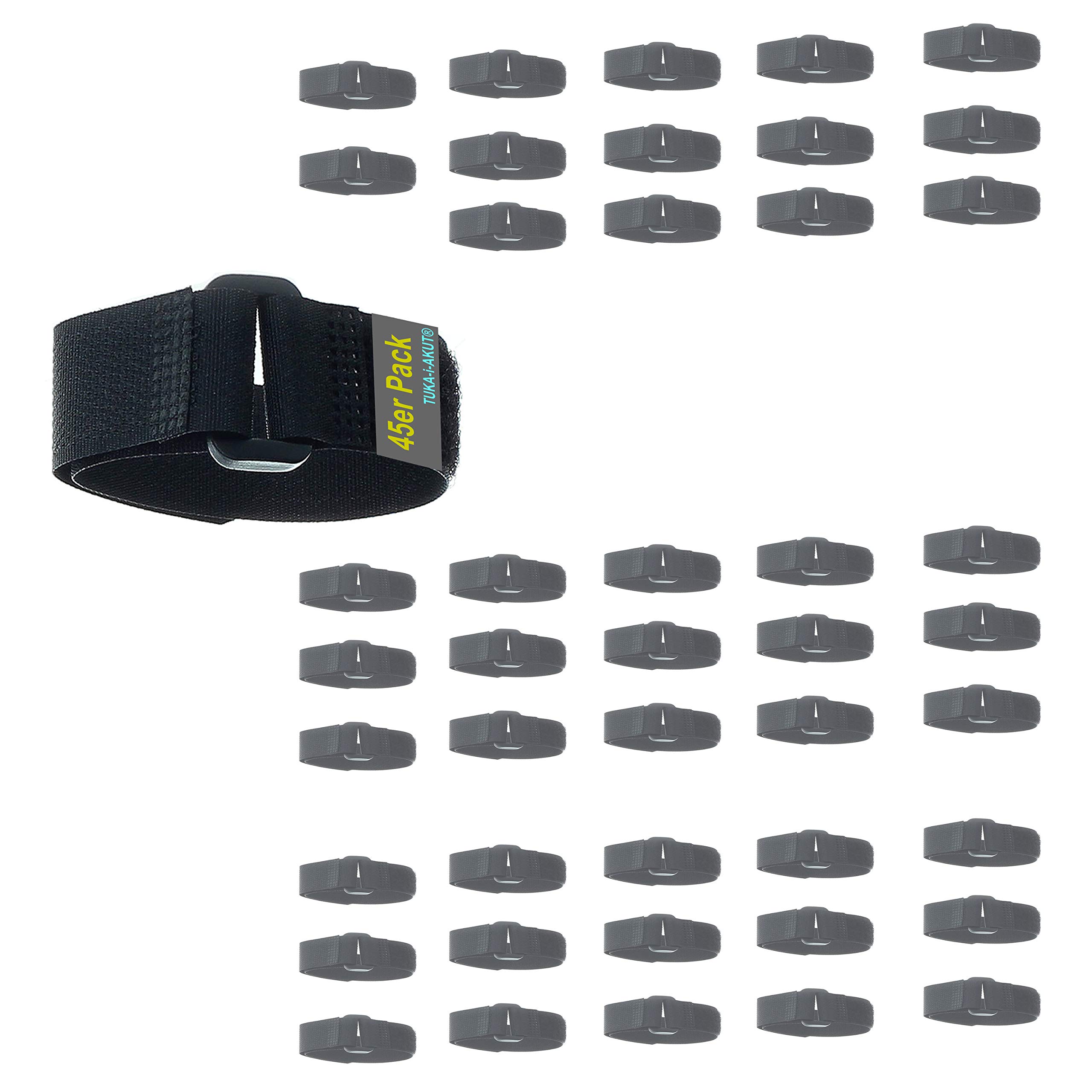 Tuka TKB5022-45x-black Nylon Velcro Cable Ties with Cord Tie Strap, Reusable Cable Organiser, Velcro Cable Ties Cable Manager with Velcro Fastener & Buckle, Extra Soft, Black, Pack of 45