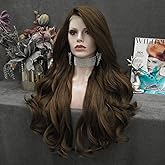 IMSTYLE Synthetic Lace Front Wig Brown Long Wavy Natural Hairline Heat Resistant Wig for Women Drag Queen 26 inch