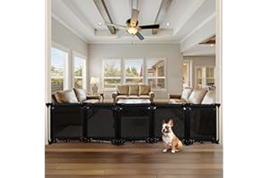 STCOCKIS 100" Wide Freestanding Dog Gates 24" Tall Foldable Pet Gate - Easy Step Over, 5 Panel Indoor Gates for Dogs Puppy Gates for The House, No Drill Mesh Gate Extra Long Dog Gate Small Gates for Pets/Black