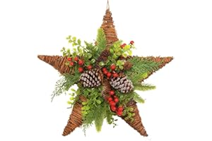 MOONET 17in Rustic Rattan Star Wreath with Pine Cones, Red Berries and Green Foliage - Handmade Vine Star Door Hanger for Holiday Home Decor, Festive Wall Art for Christmas Season