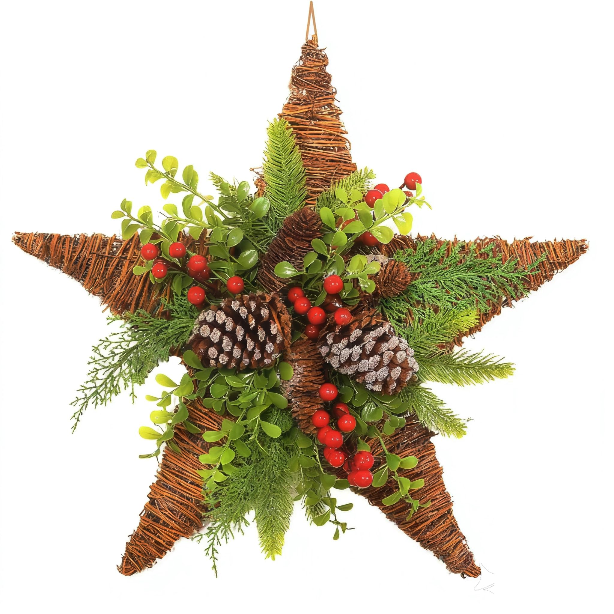 Photo 1 of 17in Rustic Rattan Star Wreath with Pine Cones, Red Berries and Green Foliage - Handmade Vine Star Door Hanger for Holiday Home Decor, Festive Wall Art for Christmas Season