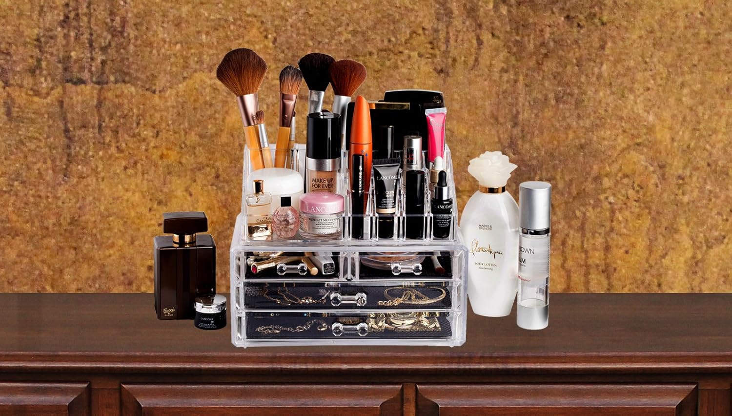 Clear Cosmetic Storage Organizer - Easily Organize Your Cosmetics, Jewelry and Hair Accessories. Looks Elegant Sitting on Your Vanity, Bathroom Counter or Dresser. Clear Design for Easy Visibility.: Home & Kitchen