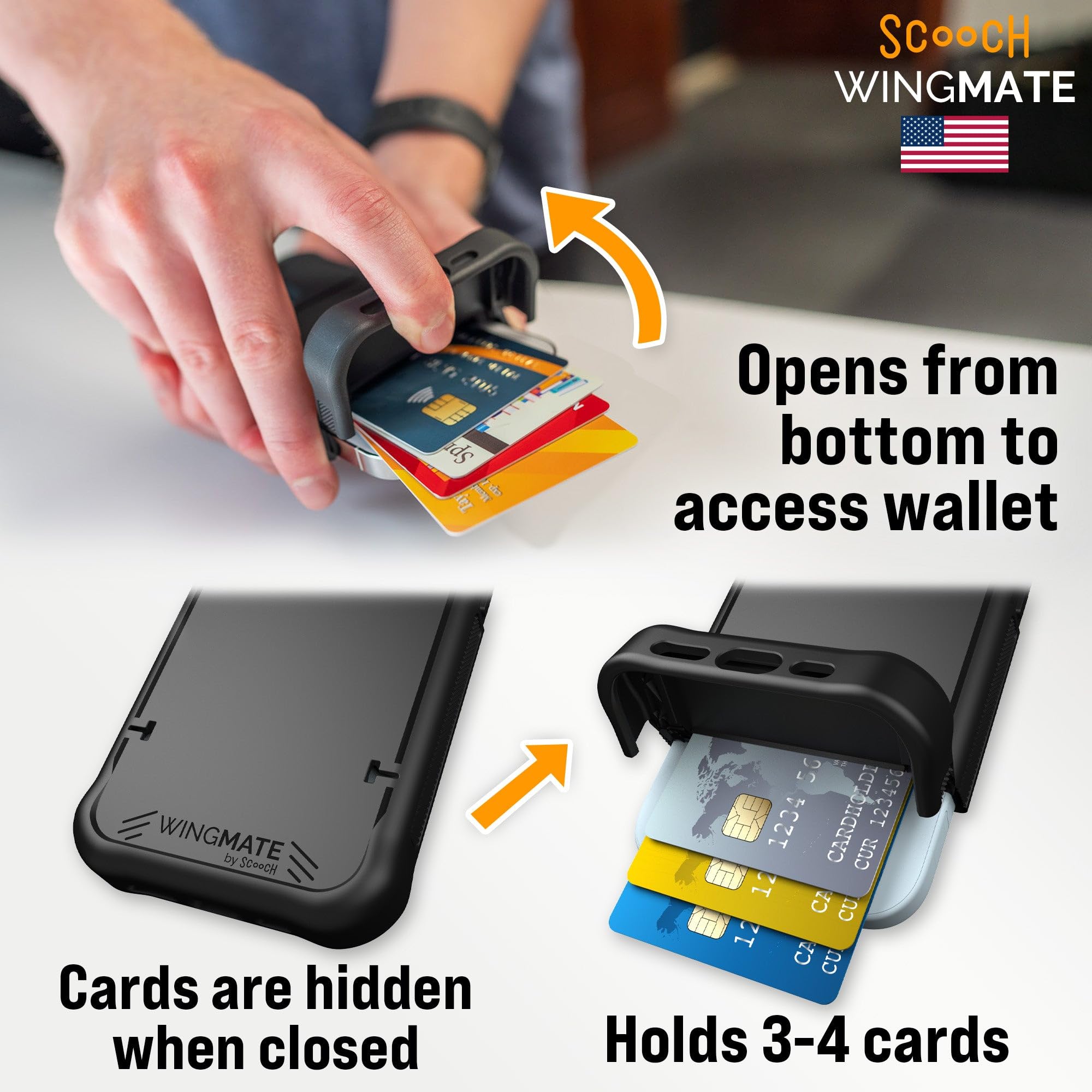 Scooch for iPhone 16 Pro Case with Card Holder, Wingmate Wallet Case with Hidden Card Slot and RFID Protection for up to 4 Cards, 10-Foot Drop Protection, Black