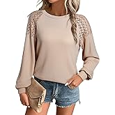 EVALESS Womens Long Sleeve Tops Dressy Casual Crewneck Waffle Lace Patchwork Knit T Shirts Blouses Fall Fashion 2025