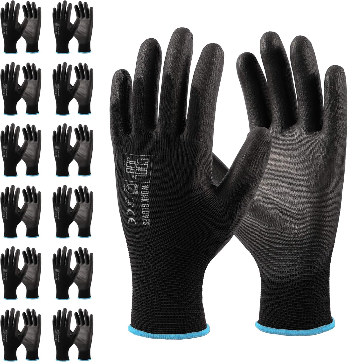 COOLJOB Polyurethane (PU) Coated Safety Work Gloves, 12 Pairs Working Gloves with Grip, One Dozen Bulk Pack, Black, X-Large Size (12 Pairs XL) - - 