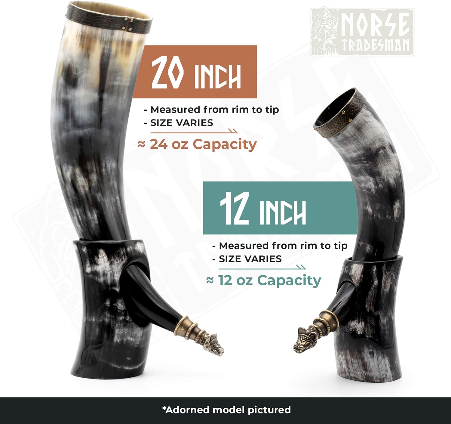 Norse Tradesman Genuine Ox Horn Viking Drinking Horn 50 cm with Brown Leather Holster, Brass Wolf Adornments, Burlap Gift Sack - Image 3