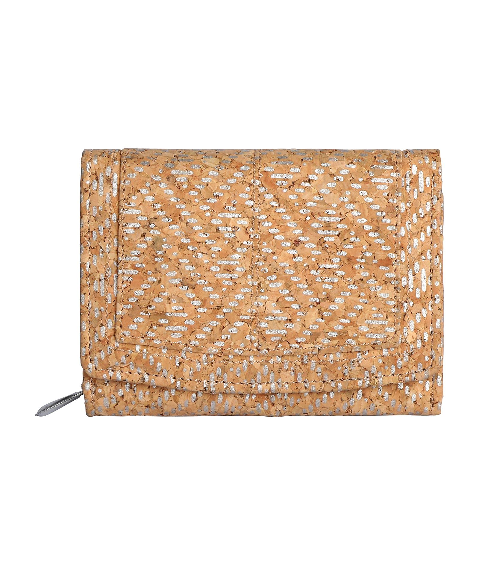 Hudson & James Ladies Designer Cork Vegan RFID Blocking Shield Compact Card Holder Wallet Purse Multi Card Women Clutch Wallet With Zip Pocket (Cork with Silver Pattern)