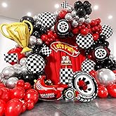 EICUECUE Race Car Balloons Arch Kit -Trophy, Flags, Cars, Tire, Checkered, Wheels and Red Black Silver Balloon Garland Kit for Racing Car Theme Two Fast 2nd Boy Birthday Anniversary Party Decorations
