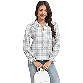 SUNNOW Women's Black White Plaid Button Down Blouse Long Sleeve Tailored Shirt Classic Fit Work Casual Top