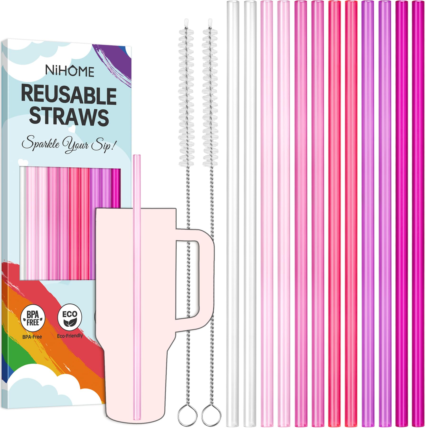 Photo 1 of NiHome 12-Pack Plastic Reusable Drinking Straws for Stanley 40 oz 30oz 64 oz Tumbler, 6 Color 12 In Reusable Straws Fit for Stanley Cups w/ 2 Brushes, BPA-Free for Cold & Hot Beverages (Gradient Pink)