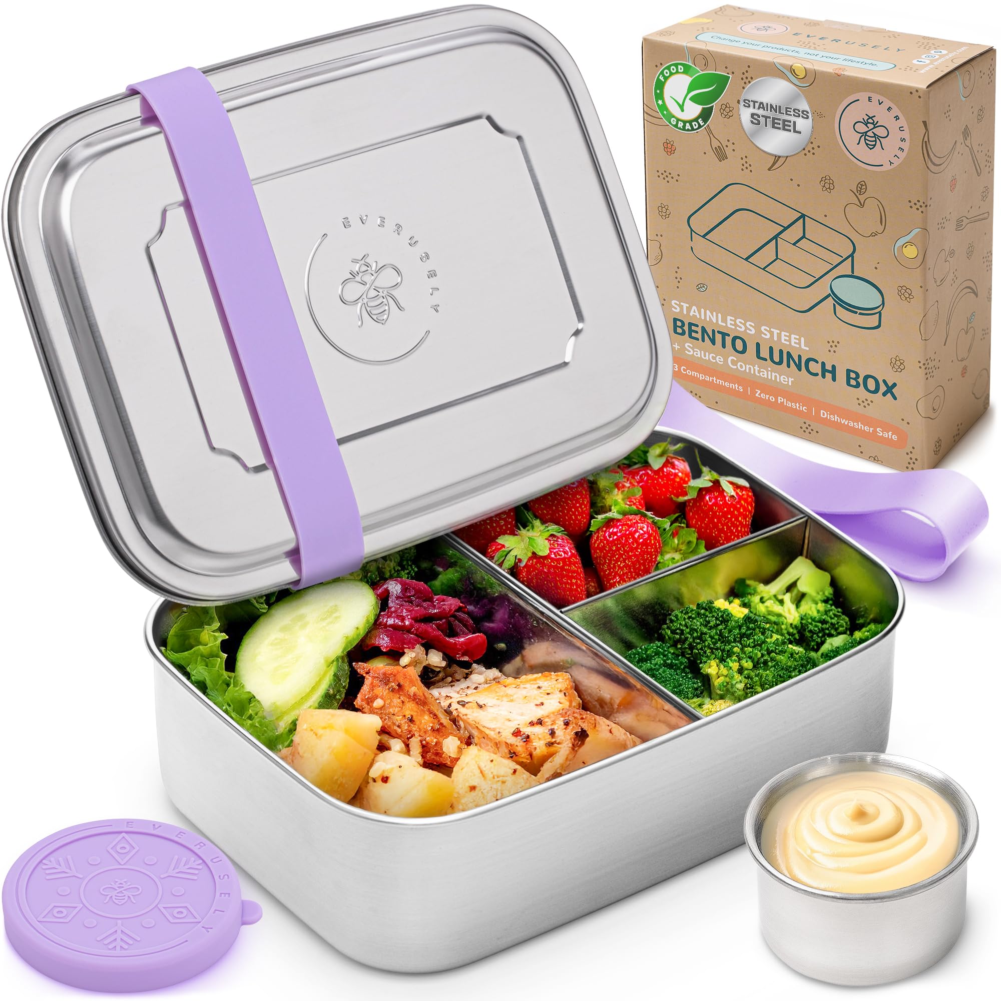 Photo 1 of Everusely - Bento Box - Lavender, 47oz / 1.4 L - Stainless Steel Lunch Box with Leakproof Condiment Container - 3 Compartment Snack Organizer for On the Go Meals - Freezer & Dishwasher Safe