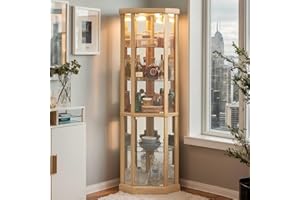 Eyisean 70" H Lighted Corner Curio Cabinet, Glass Display Cage with Tempered Glass Doors and 5 Adjustable Shelves, Wine Cabinet Storage Rack for Bar and Liquor Storage (Light Oak)