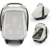 Blissful Diary Baby Car Seat Cover, Extra Large Mesh Window, Breathable Muslin Cotton, Infant Windproof Canopy, Must-Have Baby Gift - Botanical Leaf