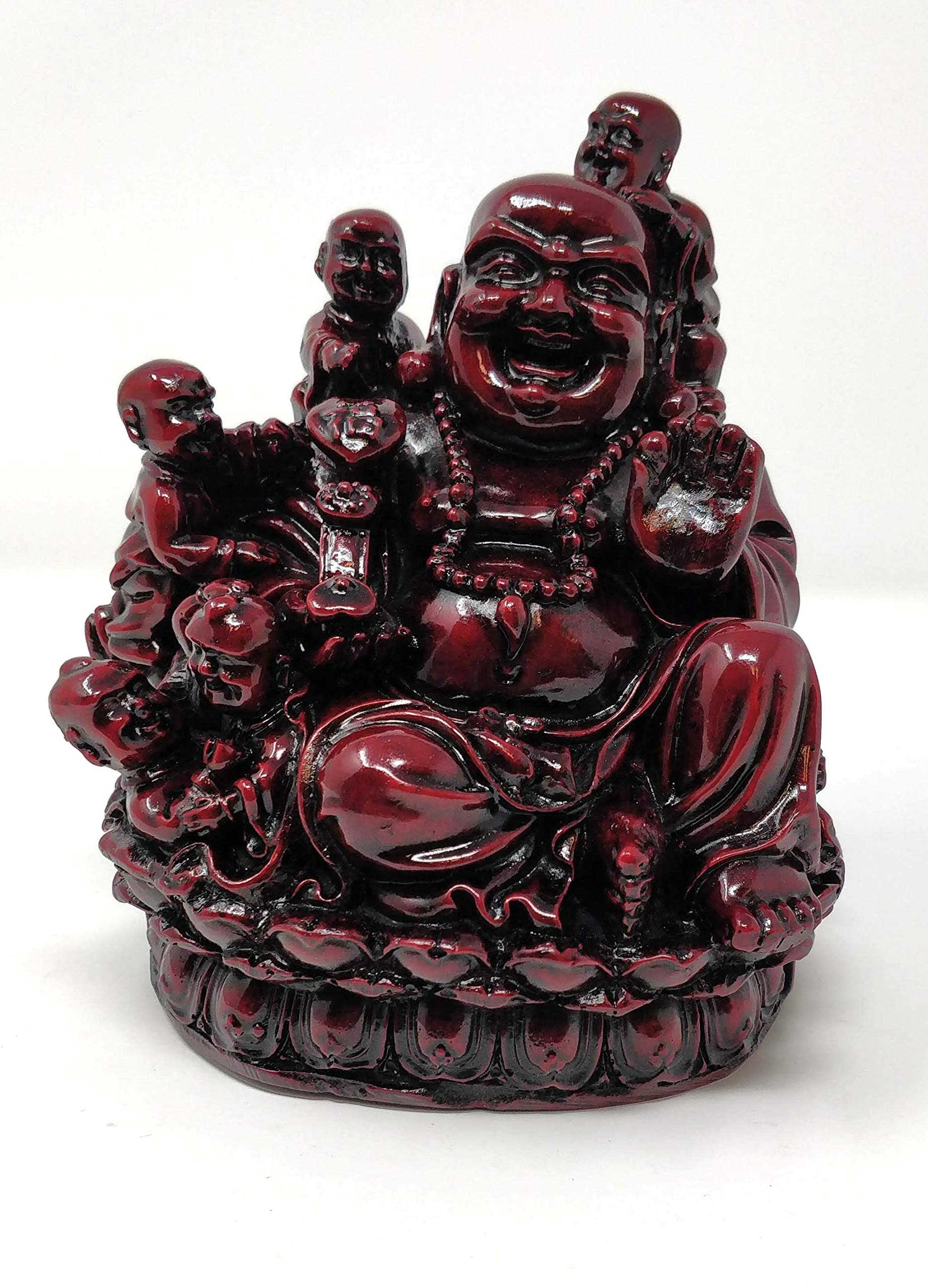 Sterlling Effectz Ornaments Laughing Buddha Figurine with Children – 15cm Resin Statue – Symbol of Happiness, Prosperity & Family Harmony – Red Gloss Feng Shui Buddha Home Decoration Ornament JR-1067