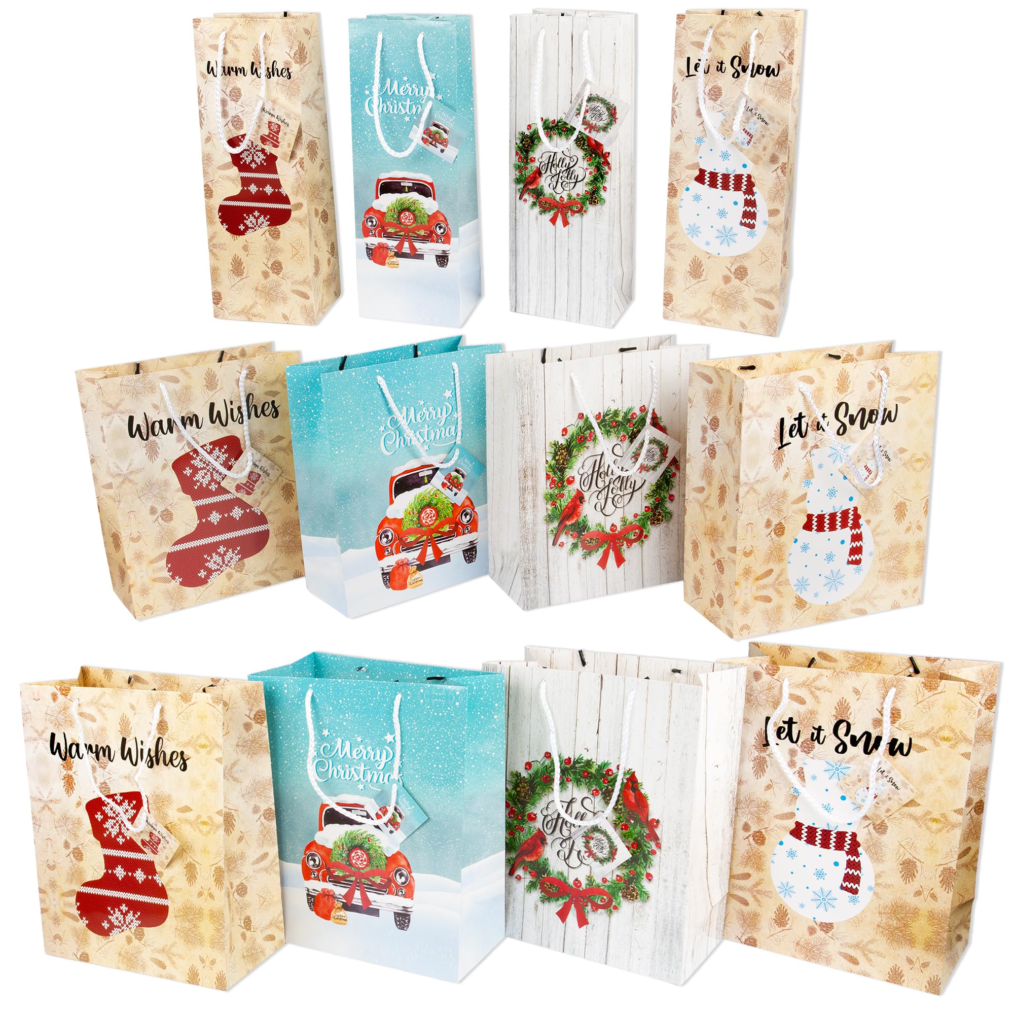Christmas Jingle Bags - Set of 12 Assorted Sizes - Includes 4 Large, 4 Medium, and 4 Wine Bottle Bags