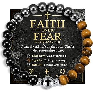 Cross Beaded Bracelet for Men : Triple Protection Hematite Black Onyx Tiger Eye Men's Catholic Bracelets,Religious Christian